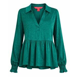 Lilly Pulitzer Green Jacquard Peplum Blouse Size 14 V-Neck Long Sleeve Top